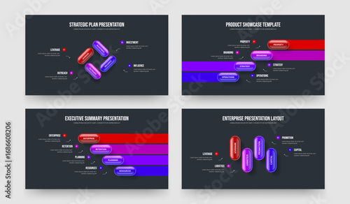 Advertising Report 4 Element Infographic Slideshow Template Set. Enterprise Planning Four Option Diagram Slide Layout Vector Illustration Bundle.
