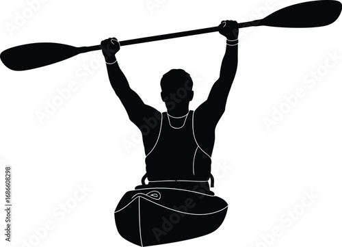 Silhouette of a kayaker holding a paddle above their head, isolated on transparent background