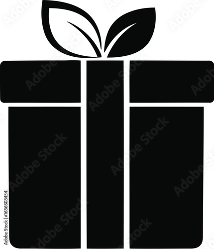 Black silhouette of a gift box with a ribbon and two leaves, isolated on transparent background