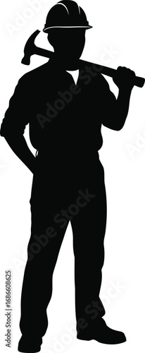 Silhouette of a construction worker holding a hammer on his shoulder, isolated on transparent background