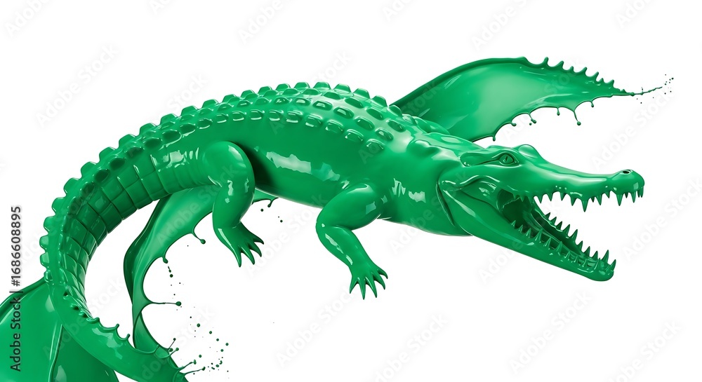 Fototapeta premium Vibrant green alligator created from pouring liquid, isolated concept