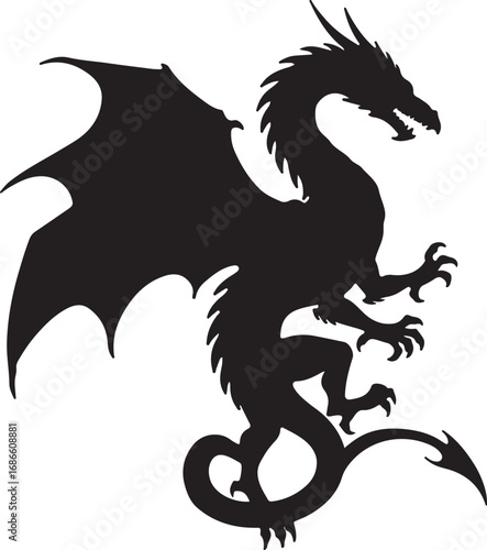 Black silhouette of a mythical dragon with its large wings extended, depicted in a majestic and powerful stance, ready for battle