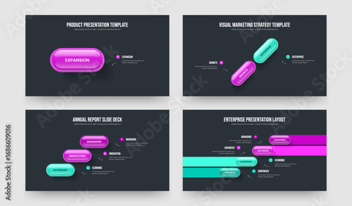 Market Portfolio 1 2 3 4 Option Diagram Slideshow Layout Collection. Visual Report One Two Three Four Element Infographic Frame Template Vector Illustration Bundle.