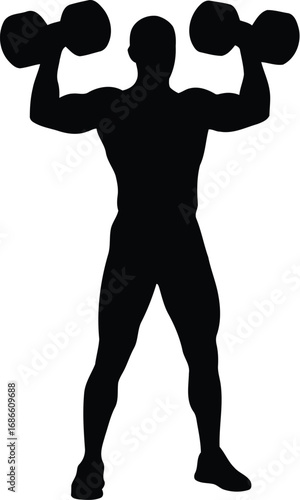 Silhouette of a muscular man lifting dumbbells, isolated on transparent background