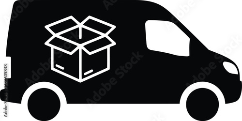Black silhouette of a delivery van with an open box icon on its side, representing shipping and logistics, isolated on transparent background
