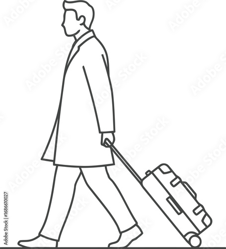 Man in a coat walking with a rolling suitcase isolated on transparent background