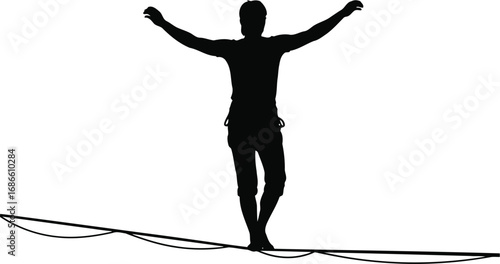 Silhouette of a person balancing on a tightrope, arms outstretched, isolated on transparent background