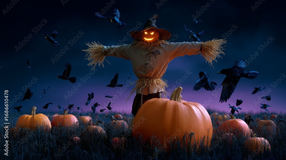 Fototapeta premium Glowing Jack o lantern scarecrow in a pumpkin patch with flying crows at night. Halloween holiday scene with spooky concept for design element.