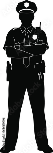 Silhouette of a police officer standing with arms crossed, representing law enforcement and authority, isolated on transparent background