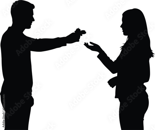 Silhouette of a man pointing a gun at a woman, isolated on transparent background