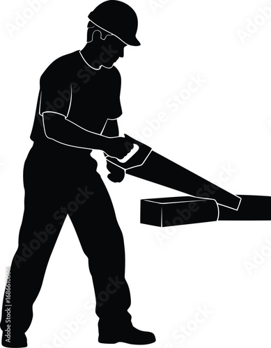 Silhouette of a construction worker wearing a hard hat and safety vest, sawing a wooden plank with a handsaw, isolated on transparent background