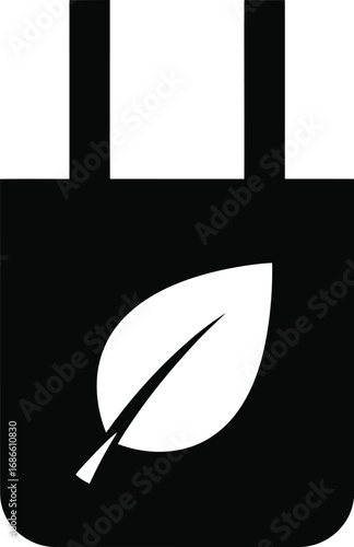 Black icon of a tote bag with a white leaf symbol, representing ecofriendly shopping and sustainability, isolated on transparent background