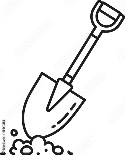 Line art illustration of a shovel digging into the ground, isolated on transparent background