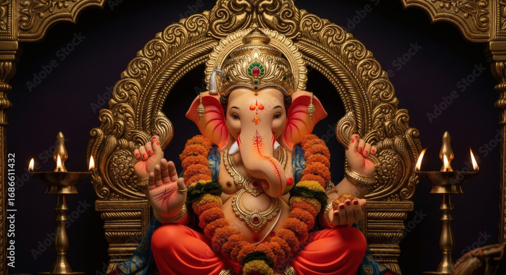 Fototapeta premium Statue of Ganesha sitting on an ornate throne with lit candles against a dark background