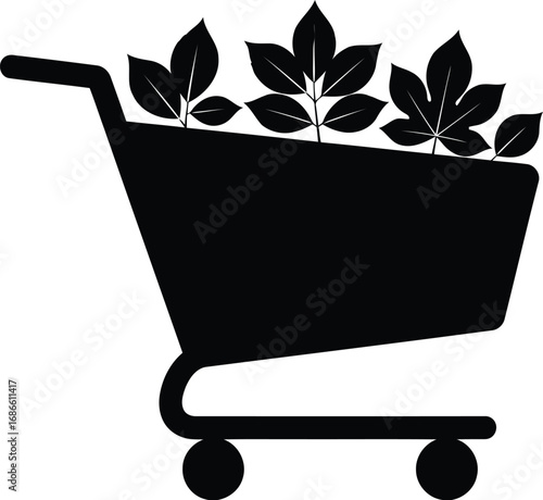 Black silhouette of a shopping cart filled with green leaves, symbolizing organic shopping or ecofriendly purchases, isolated on transparent background