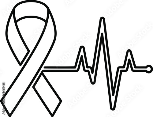 Line art icon combining a cancer awareness ribbon with a heart rate ekg line, symbolizing hope, life, and medical support, isolated on transparent background