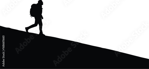 Silhouette of a hiker with a backpack walking uphill on a dark slope against a transparent background
