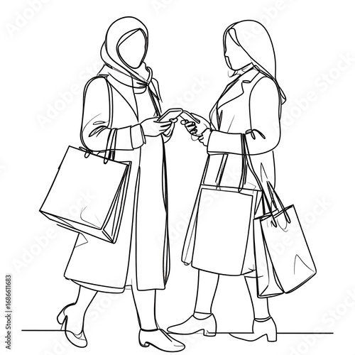 Two women shopping, one-line drawing