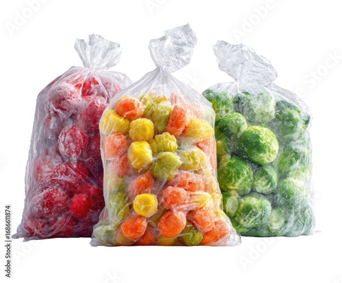 Three clear plastic bags filled with frozen produce.  Red, orange/yellow, and green vegetables are visible inside.  Bags are translucent, showing contents