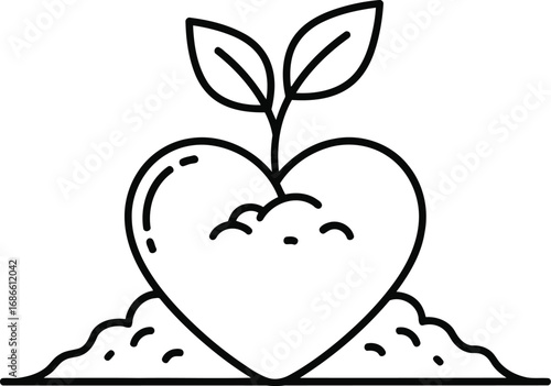Line art illustration of a heart-shaped mound of soil with a small plant sprouting two leaves, symbolizing love and growth.