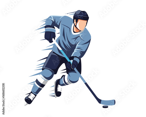 Dynamic Ice Hockey Player in Full Gear Skating with Stick and Puck 