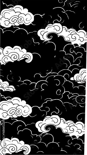 Dramatic swirling clouds in black and white create a powerful, ethereal backdrop for your designs.