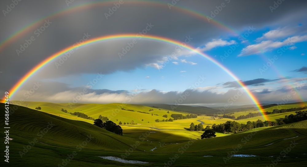 Fototapeta premium Spectacular Double Rainbow Arches Over a Sunlit Valley of Lush Green Rolling Hills.