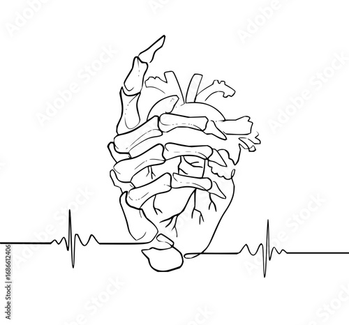 Anatomical heart entwined with skeleton hand and ECG line art, a striking medical aesthetic design