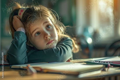 Sharp Picture of Little Girl Doing Homework Feeling Bored and Sad
