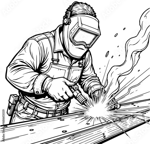 Skilled metal worker welding with sparks in monochrome illustration, ideal for manufacturing or construction