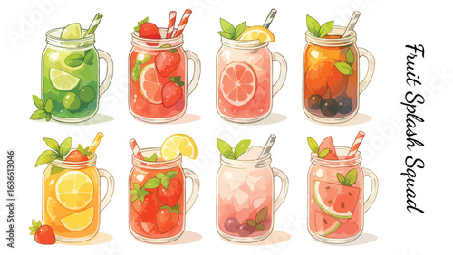Colorful Summer Fruit Drinks in Mason Jars Vector Illustration Set