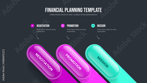 Consulting Portfolio 3 Step Diagram Presentation Template. Financial Showcase Slide Design Vector Illustration. Investor Performance Three Element Infographic Slideshow Layout.