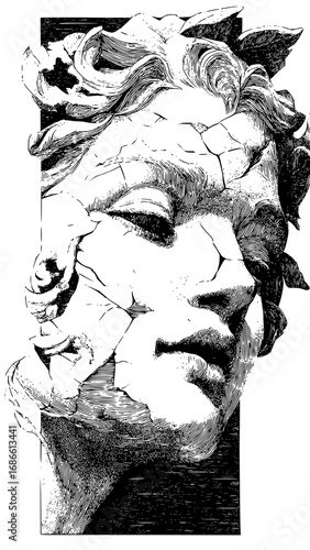 Striking monochrome artwork of a classical sculpture head with distressed textures and modern artistic flair