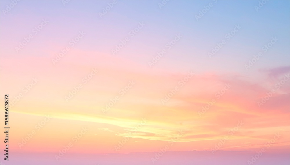 © ernawatima - A serene sunset sky with soft pastel hues of pink, orange, and yellow blending smoothly into each other, casting a warm, peaceful glow over the horizon and evoking calmness and natural beauty.