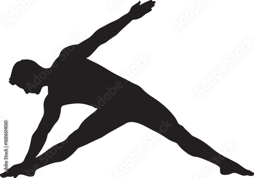 An isolated silhouette of a flexible male athlete performing a yoga triangle pose, showcasing balance, body control, and mindful meditation
