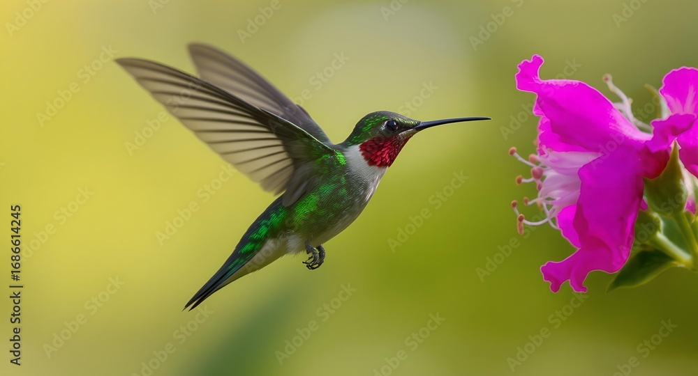 Fototapeta premium Vibrant Hummingbird in Flight NectarSeeking Soft Focus.