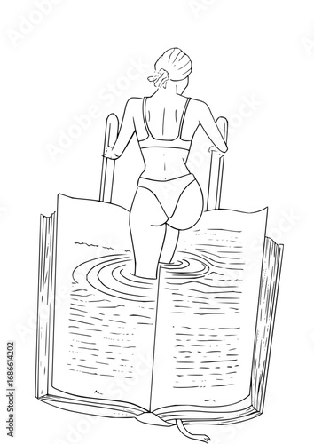 Woman immerses in literary world escaping into a book for a refreshing summer swim adventure