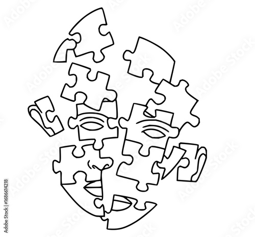 Unraveling identity puzzle, conceptual faces formed from jigsaw pieces, mind challenges and personality