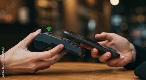 Woman making a contactless payment with smartphone at point of sale terminal. Modern financial transaction technology concept.