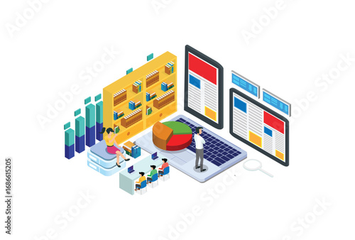 Modern Isometric Digital Library Illustration, Web Banners, Suitable for Diagrams, Infographics, Book Illustration, Game Asset, And Other Graphic Related Assets