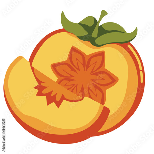 Fresh ripe persimmon fruit with cross cut, tropical sweet fruit illustration for healthy natural organic food designs.