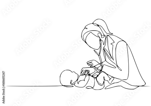 Caring doctor examines newborn baby with stethoscope, symbolizing hope and health in medical care