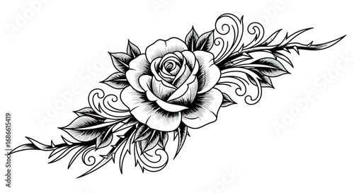 Black and White Vector Floral Pattern with Rose and Leaf Elements in Vintage Style