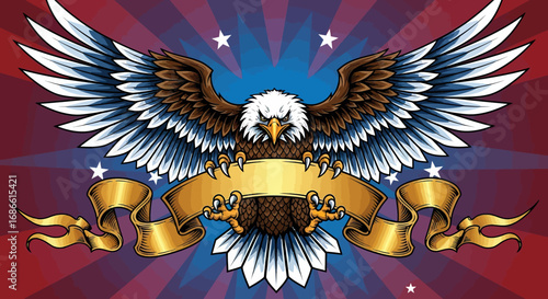 Vector Illustration of Bald Eagle with Outstretched Wings and Banner in Modern Style Featuring Blue White Brown Colors