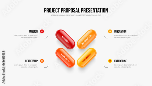 Market Campaign Slide Template Vector Illustration. Service Development Four Element Infographic Slideshow Layout. Creative Profile 4 Step Diagram Frame Design.