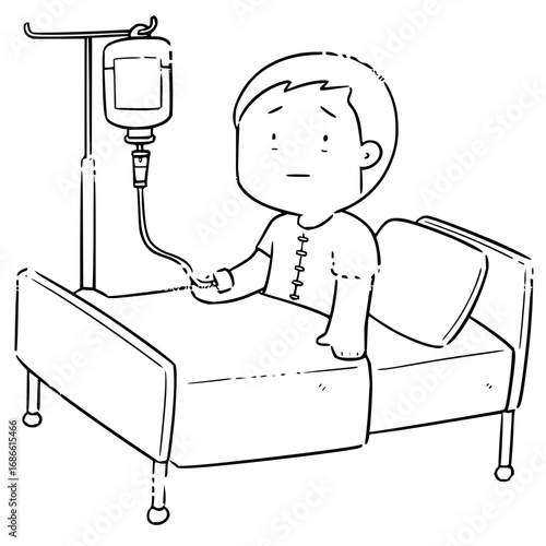 Worried patient receives IV drip in hospital bed, conveying vulnerability and medical care needs.