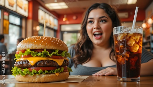 Curvy woman smiling at a massive cheeseburger and soda in a restaurant