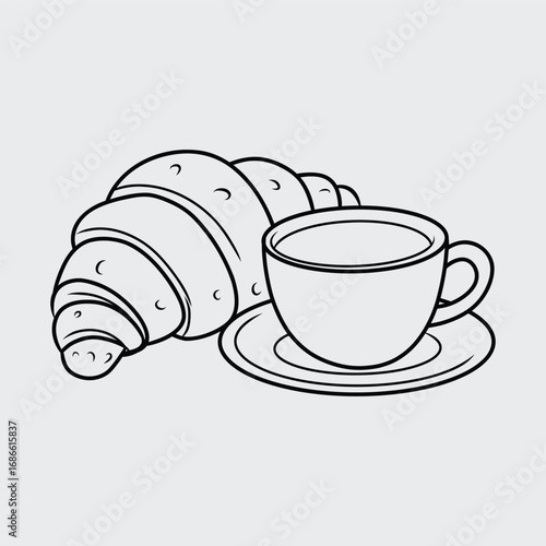 Croissant and Coffee A Cozy Breakfast. Thin Line Illustration