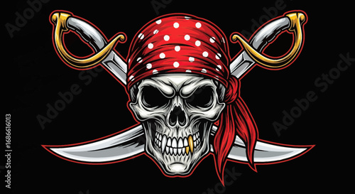 Vector Illustration of Skull Pirate with Bandana and Swords in Modern Gothic Style in Bold Colors