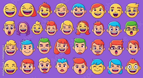 Vector Emoji Faces Collection of Smiling Frowning and Surprised Expressions in Modern Flat Style on Purple Background